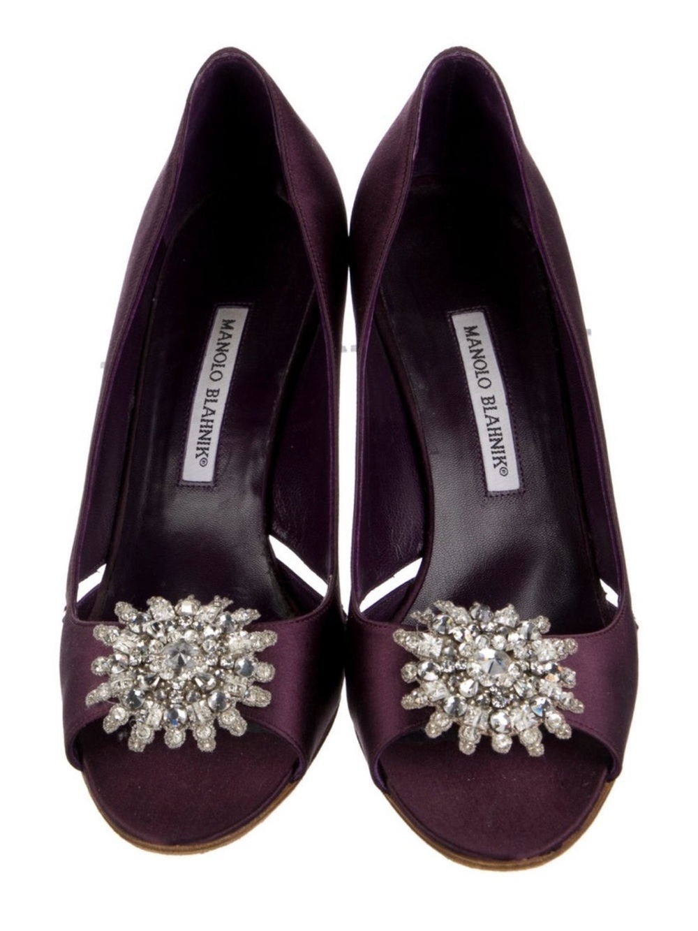 Manolo Blahnik Plum Satin Peep-Toe Heels with Crystal Medallions